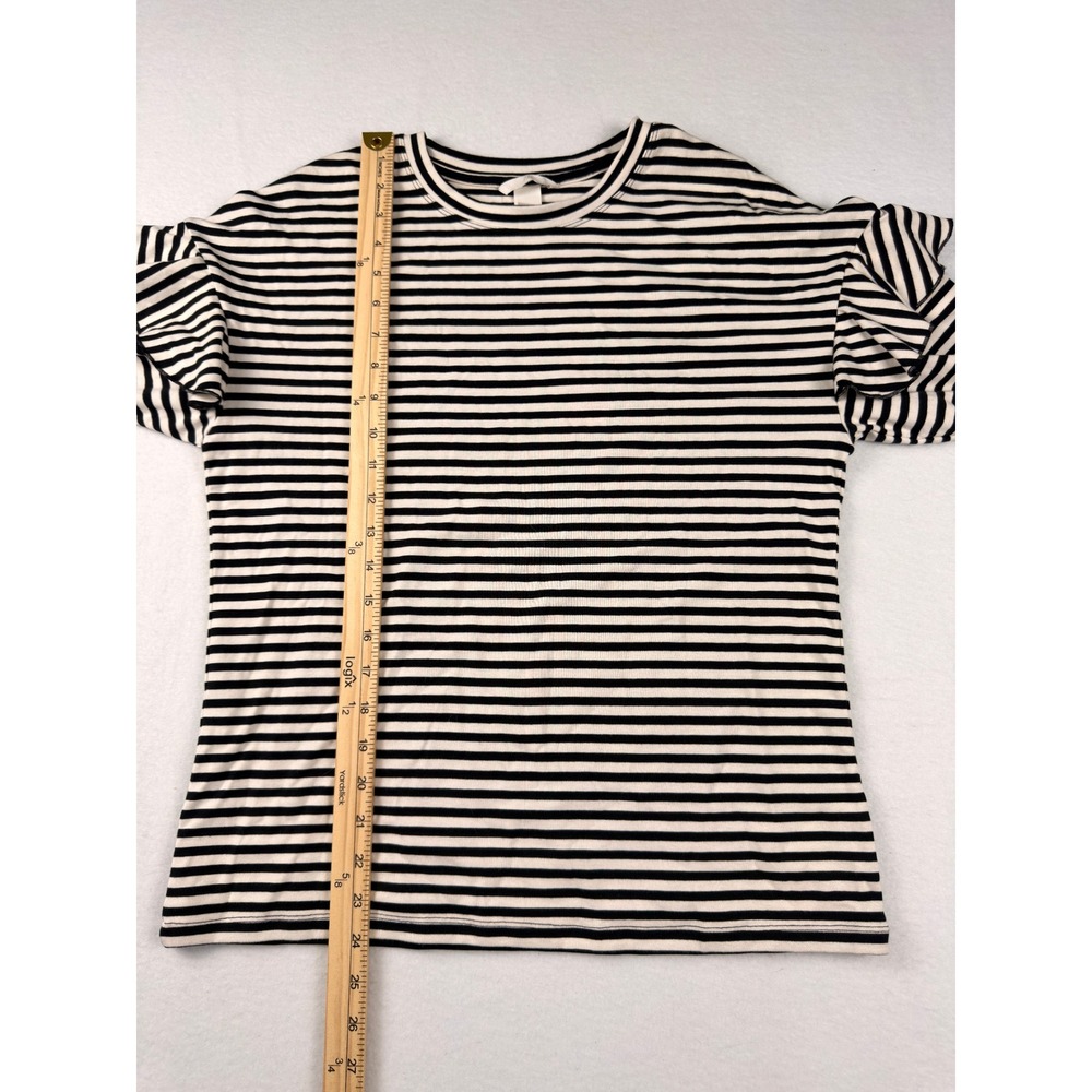 H&M Womens Black White Striped Ruffle Shoulder Long Sleeve Ribbed Top Medium - Picture 6 of 7